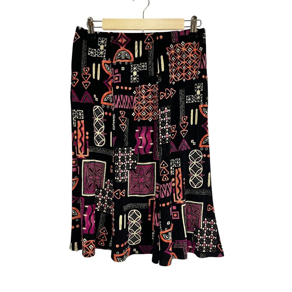 Colorful Floral Ribbed Maxi Skirt Black M Tribal Boho Indie Folk Abstract Flowy‎